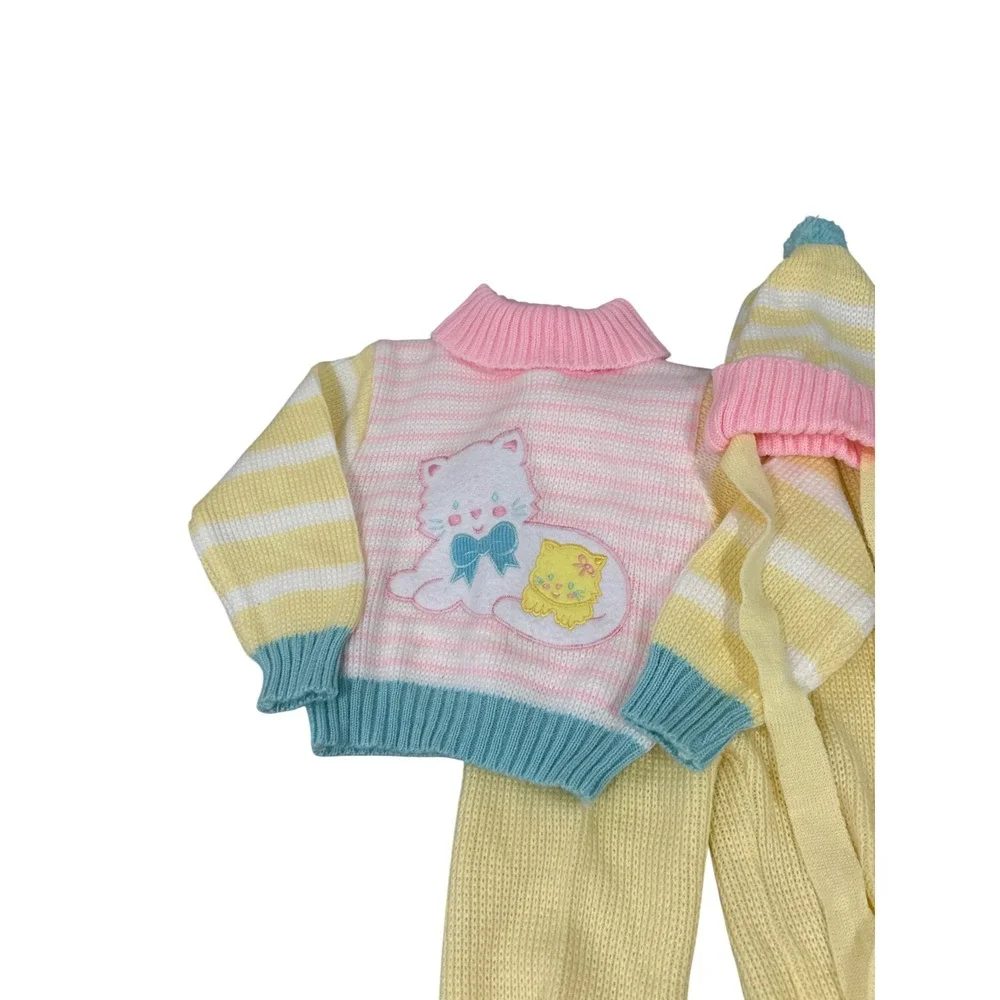 VTG Small Stars Toddler Knit Sweater Set 24M Cat Patch Pastel Yellow Pink
